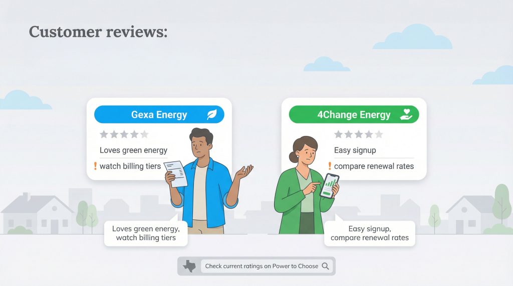A visual comparison of customer reviews and key pros/cons for Gexa and 4Change Energy.
