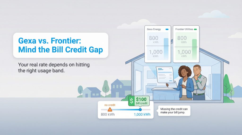 Illustration of a couple reviewing a bill and a chart showing how missing an energy usage target can lose a bill credit.
