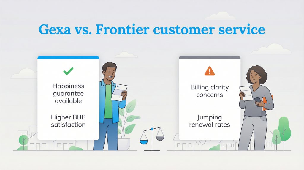 Comparison graphic showing a happy Gexa Energy customer with benefits and an unhappy Frontier Utilities customer with concerns.