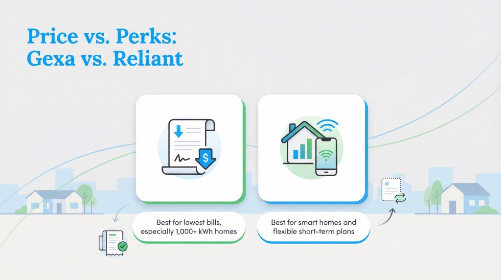 Graphic showing Gexa is best for lowest bills and Reliant is best for smart homes and flexible plans.