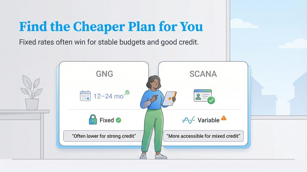 An infographic compares GNG fixed plans for strong credit with SCANA variable plans for mixed credit.