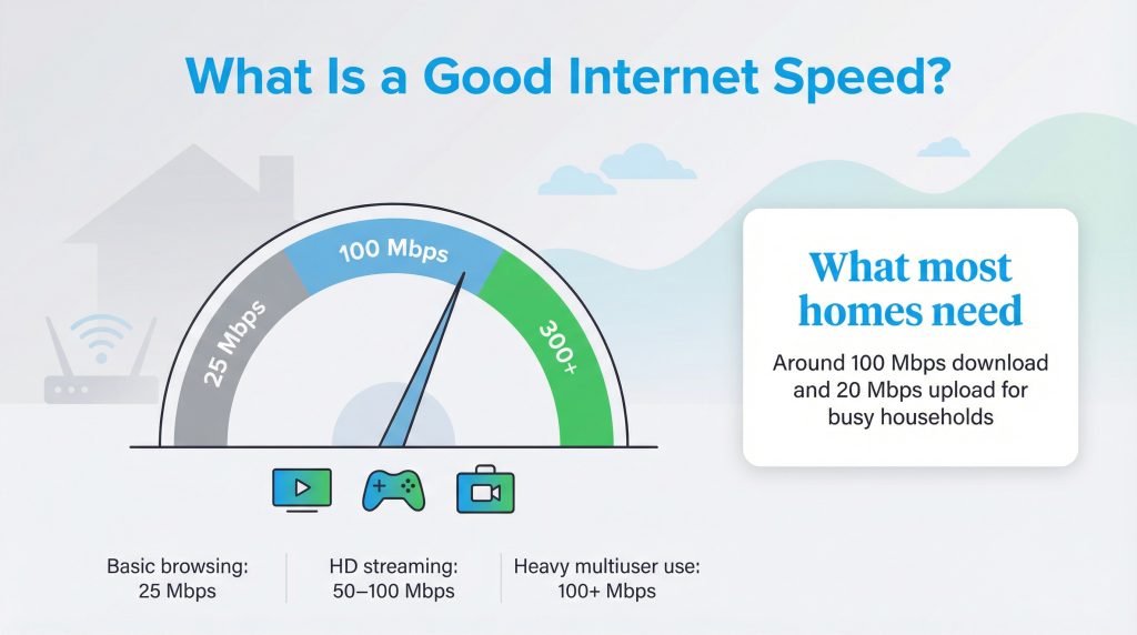 Infographic showing recommended internet speeds for different household needs and activities.