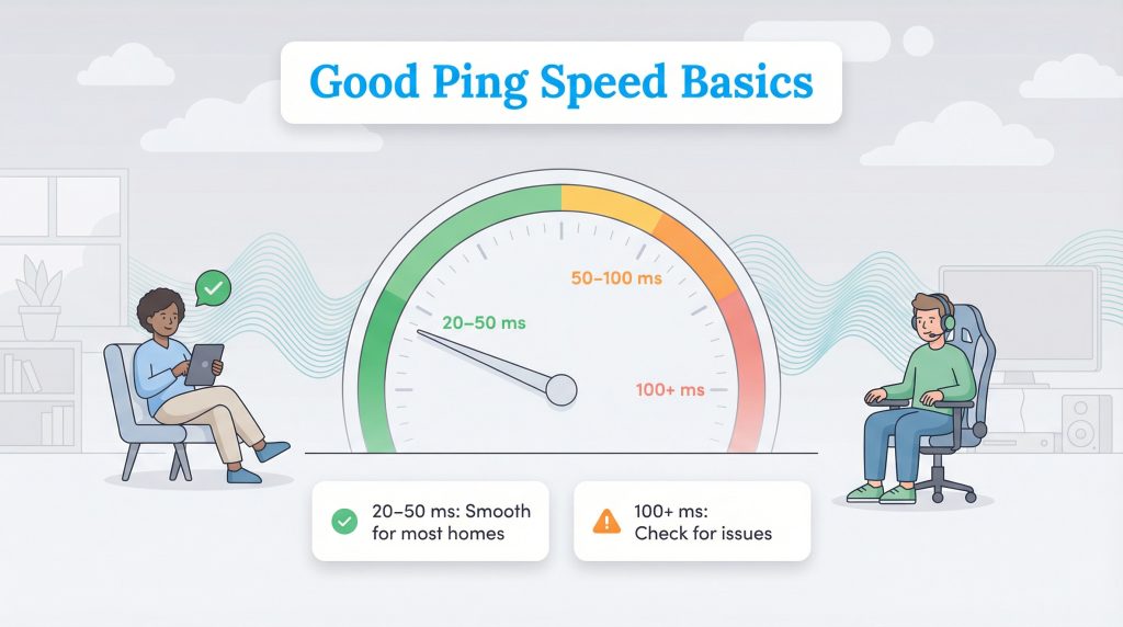 Infographic showing a ping speedometer. 20–50 ms is green and smooth, while 100+ ms is red and indicates issues.