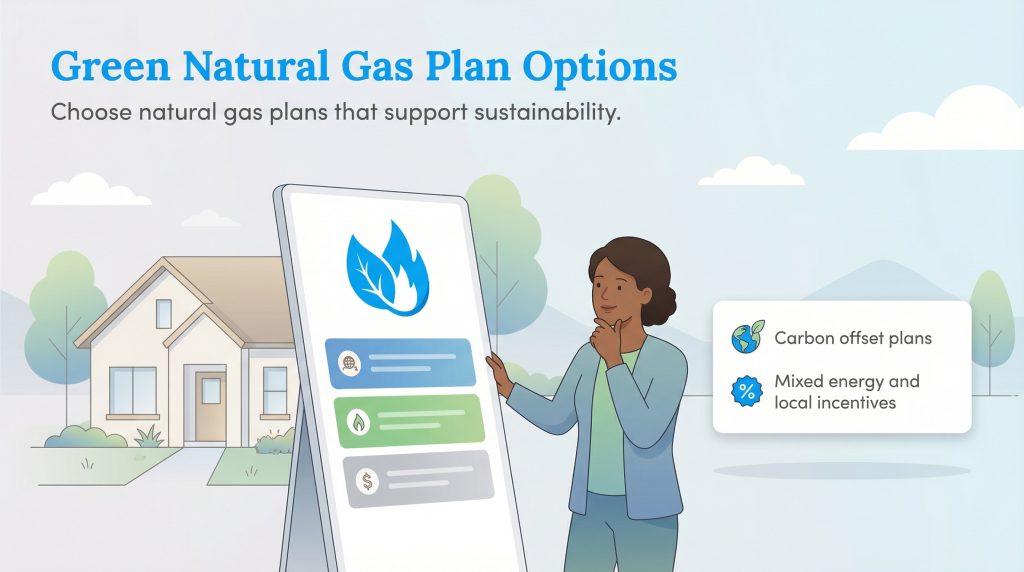 Woman reviews green natural gas plan options on a digital screen outside her home.