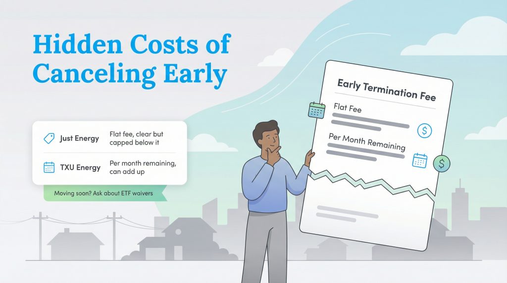 Illustration of a man reviewing 'Early Termination Fee' structures: Flat Fee vs. Per Month Remaining.
