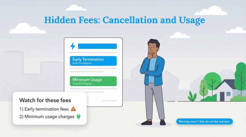 Infographic about hidden fees: early termination and minimum usage charges, with a man reviewing a document.