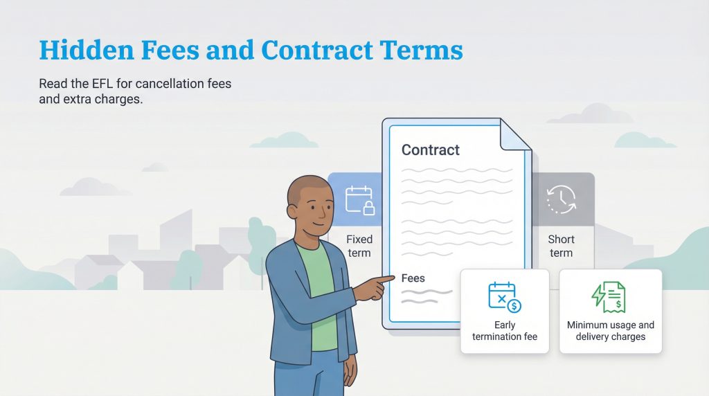 A person points to 'Fees' on a contract document with icons for termination fees, minimum usage, and contract terms.