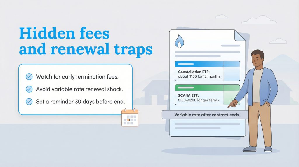 Graphic showing early termination fees and warnings about expensive variable rate contract renewals.