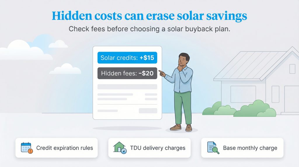 Illustration of a man seeing $20 hidden fees outweighing $15 solar credits on a bill, with icons for fee types below.