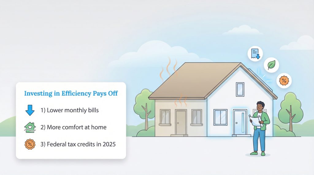 Illustration of a house and a man, with a list of three benefits of investing in home efficiency.