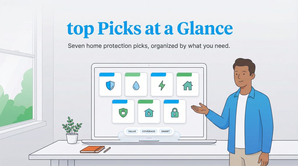 A man points to a laptop displaying an infographic of seven categorized home protection picks.