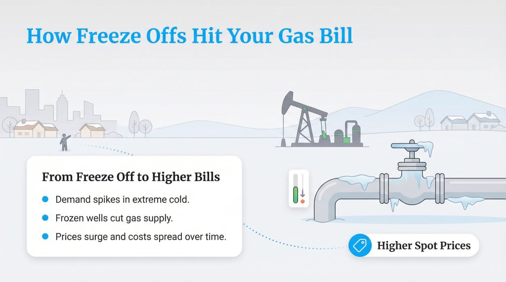 Infographic: cold weather freeze offs cut gas supply, hike spot prices, and increase consumer bills.
