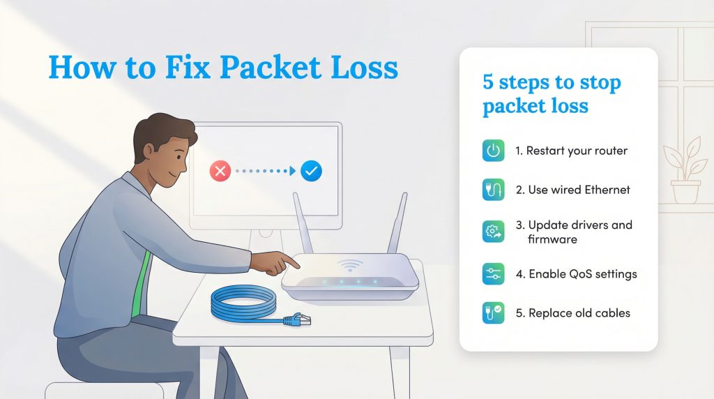 An illustration showing a man fixing a router and a list of five steps to stop packet loss.