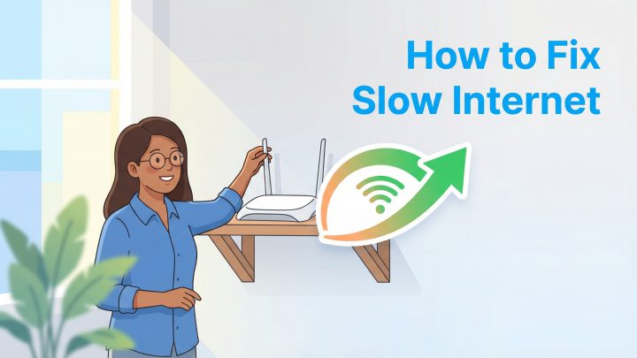 Woman adjusting a Wi-Fi router on a shelf with "How to Fix Slow Internet" text and a speed icon.