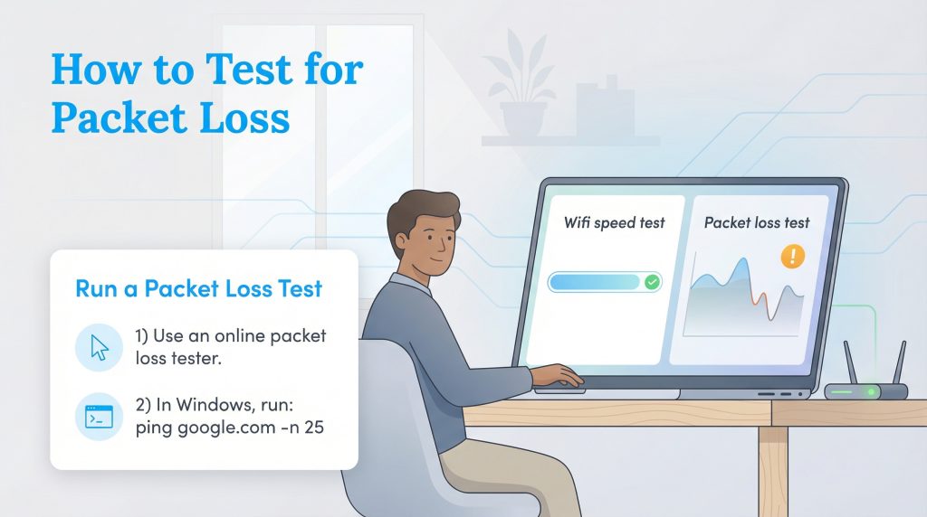 Illustration showing a man at a computer and steps to run a packet loss test online or via Windows ping command.