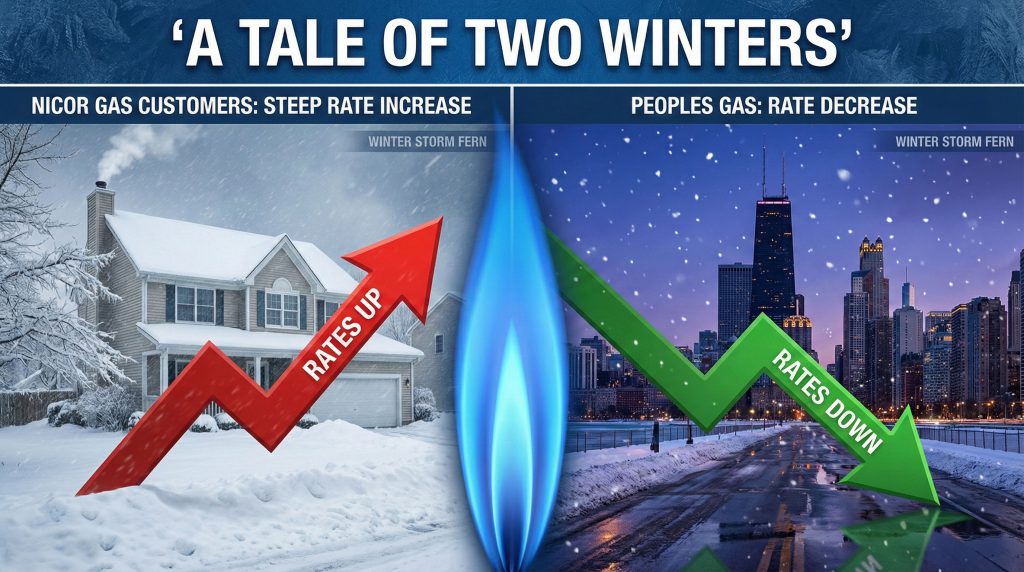 A tale of two winters.  Gas prices increase in Illinois for Nicor Gas customers, while rates decrease for Chicago and Peoples Gas customers.