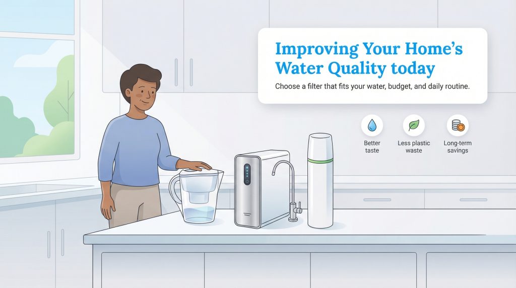 A woman stands in a kitchen with different water filtration options: a pitcher, a countertop unit, and a portable bottle.