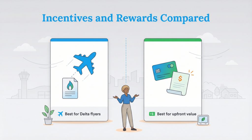 Illustration comparing two reward options: one for Delta flyers and one for upfront financial value.