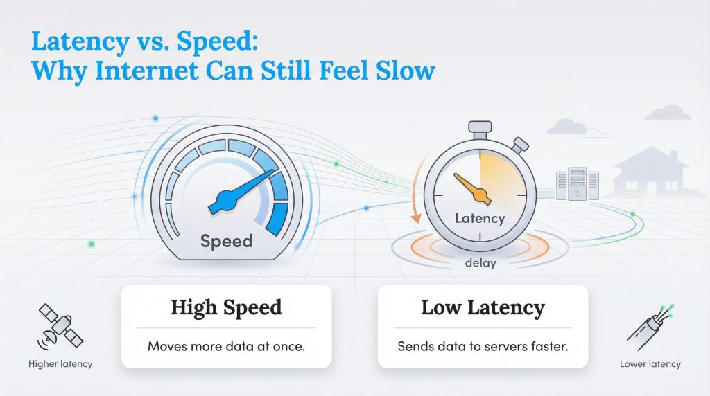 Infographic comparing high internet speed moving more data versus low latency sending data faster.