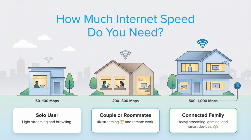 Infographic guide recommending internet speeds (50-1000 Mbps) for different household sizes and usage habits.