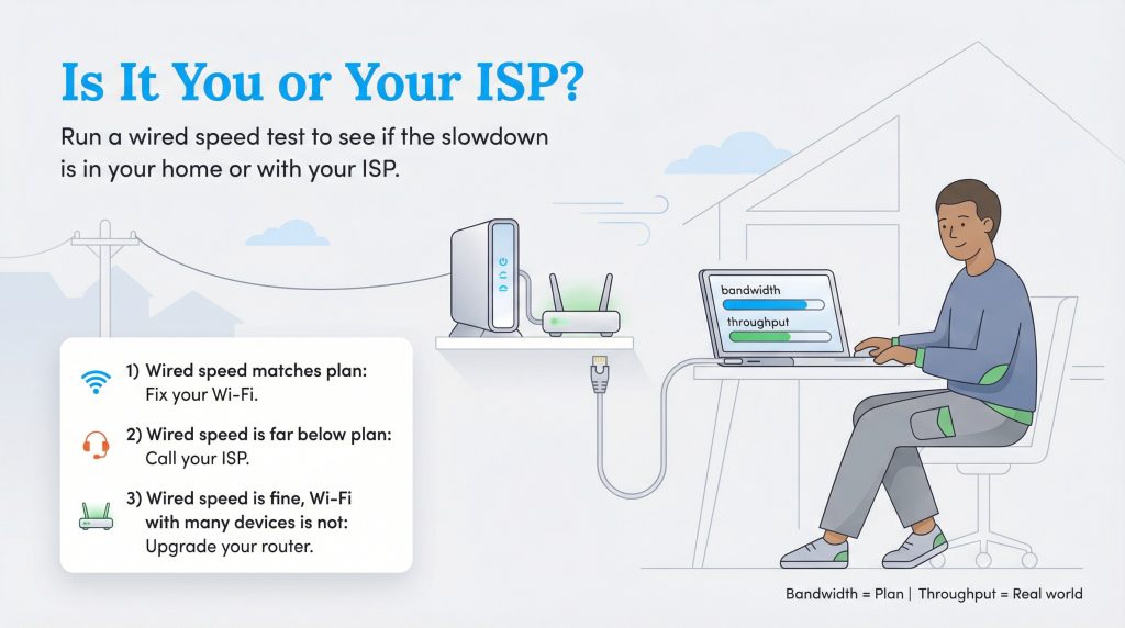 Illustration of a person running a wired internet speed test to diagnose slow speed issues, with three possible outcomes and solutions listed.