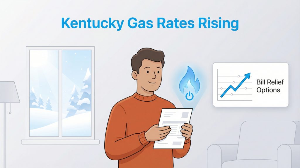 A man looks at a bill next to a rising gas icon and a "Bill Relief Options" chart.
