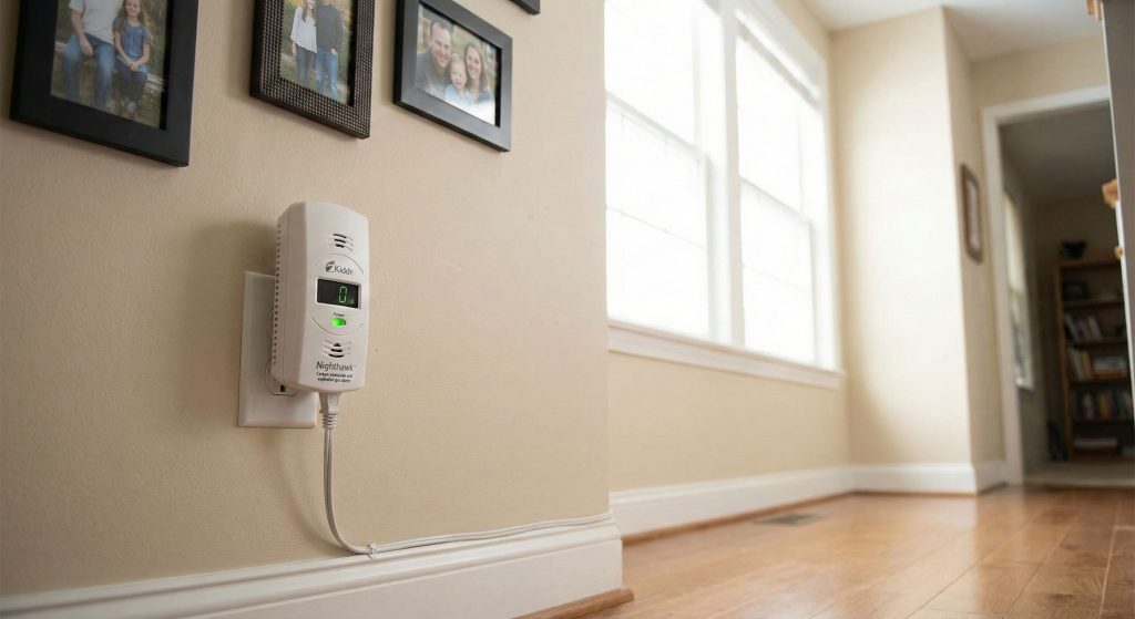 Kidde Nighthawk KN-COEG-3 CO2 and natural gas detector installed in a home.