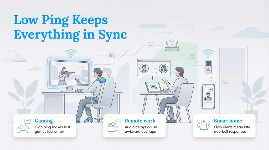 Infographic titled Low Ping Keeps Everything in Sync, illustrating a gamer, a remote worker on a video call, and a smart home doorbell user.