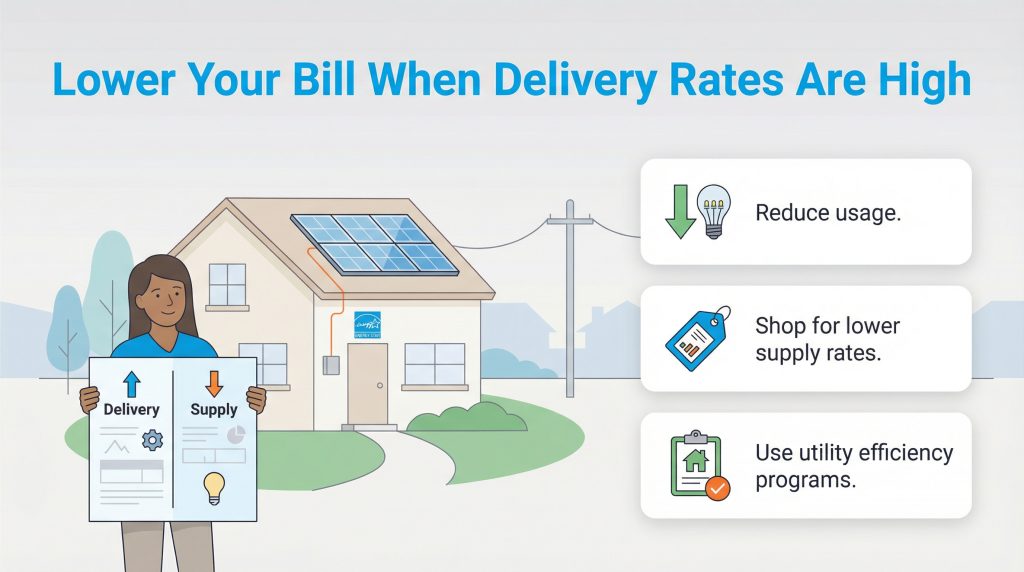 Infographic illustrating three ways to lower electric bills when delivery rates are high.