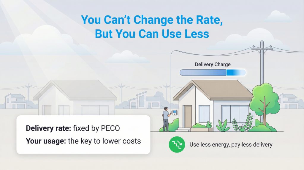 Illustration showing a house and power lines, explaining that using less energy lowers PECO delivery charges