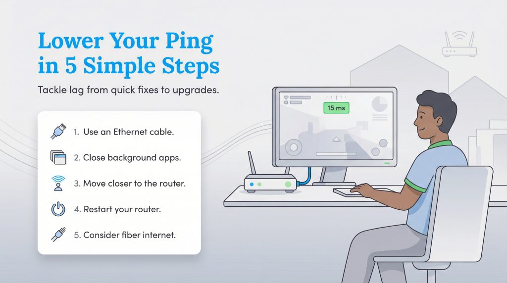 Infographic displaying five practical tips to lower ping and reduce lag for gaming.