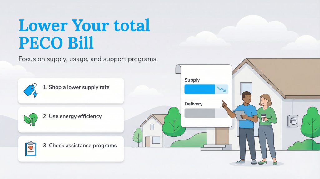Infographic showing three methods to lower a PECO bill: shop for supply rates, use energy efficiency, and check assistance programs.