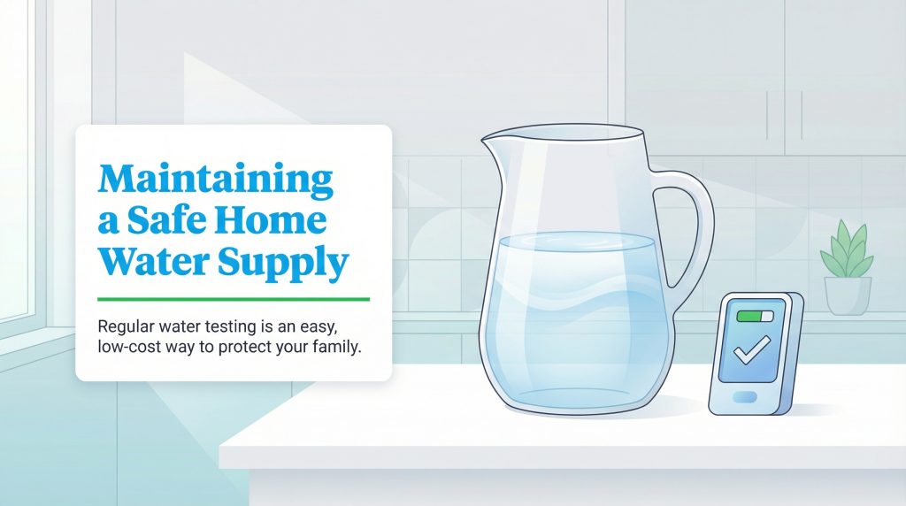 Illustration of a water pitcher and a digital tester with a checkmark, promoting regular water testing.