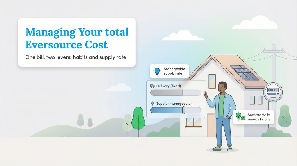 Infographic illustrates managing Eversource costs via smart habits and manageable supply rates.