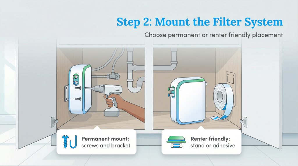 Illustration comparing permanent and renter-friendly mounting options for an under-sink water filter.