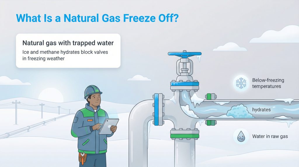 Diagram showing ice and methane hydrates blocking a natural gas valve in freezing weather.