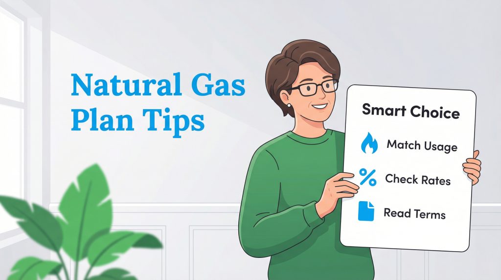 Illustration of a woman holding a sign with natural gas plan tips like "Match Usage" and "Check Rates".