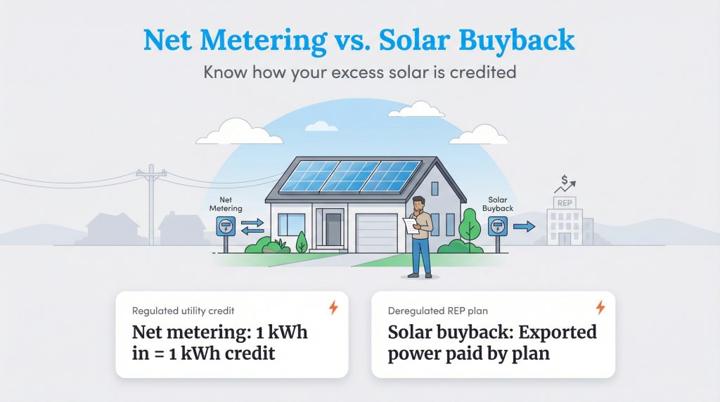Infographic comparing Net Metering (1:1 credit) and Solar Buyback (paid by plan) for excess solar.