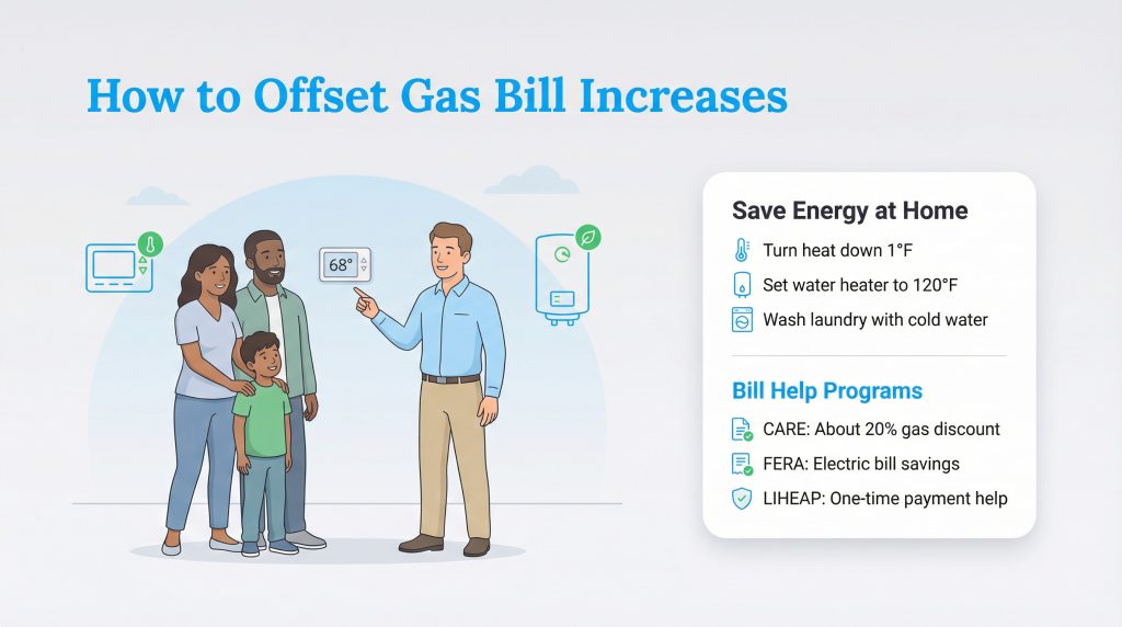 An energy advisor discusses tips and programs to save on gas bills with a family.