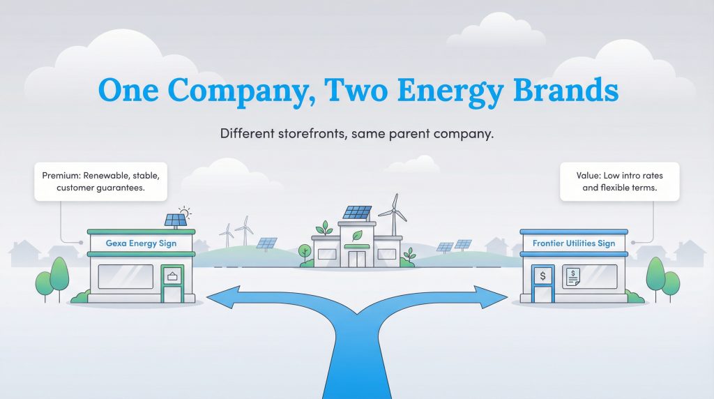 Infographic showing Gexa Energy and Frontier Utilities as two brands under one parent company.