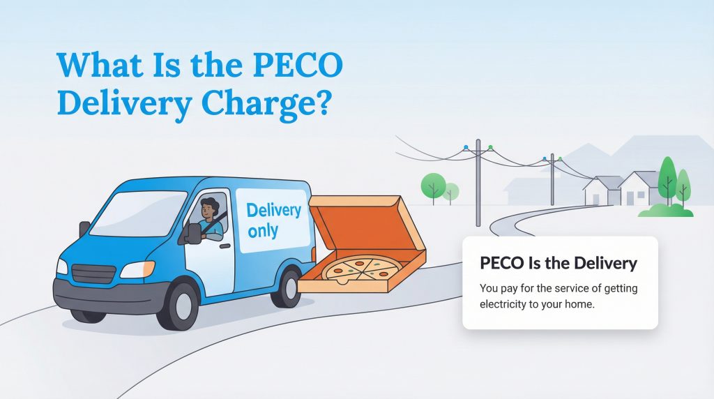 Cartoon van delivering a pizza, illustrating PECO's delivery charge for electricity service.