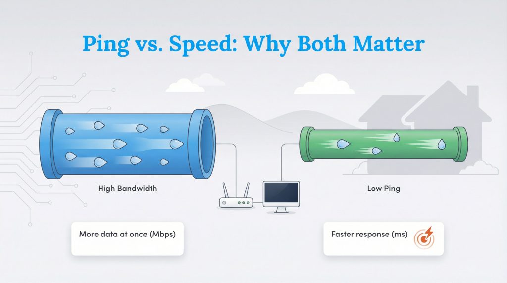 Infographic using a water pipe analogy to compare High Bandwidth (more data at once) and Low Ping (faster response).