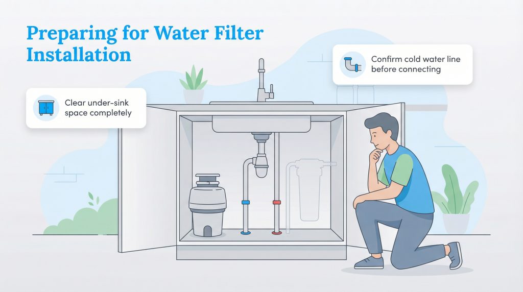 Illustration of a person under a kitchen sink, with callouts to clear the space and confirm the cold water line before water filter installation.