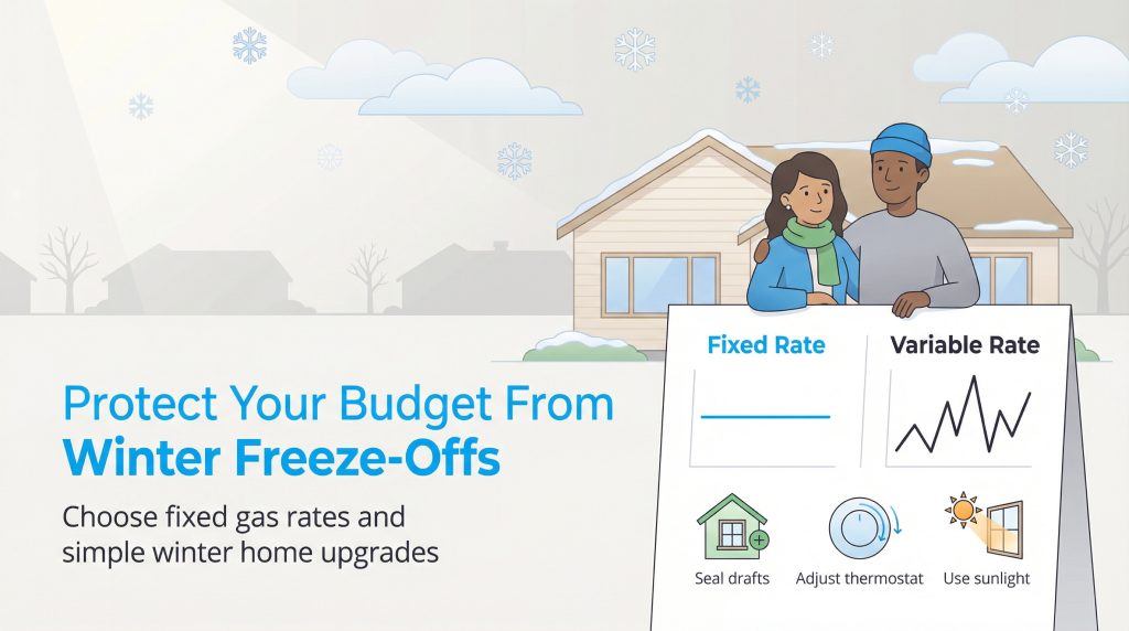Couple in winter holding a sign comparing fixed vs. variable gas rates and listing home upgrades.