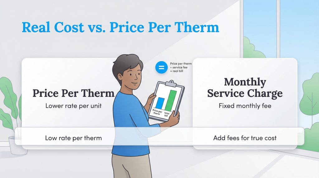 Illustration showing that real gas cost equals the price per therm plus fixed monthly service charges.