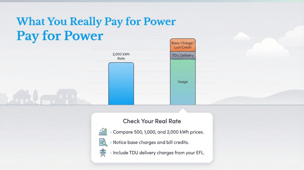 Infographic comparing the advertised power rate to the higher, actual cost including fees.