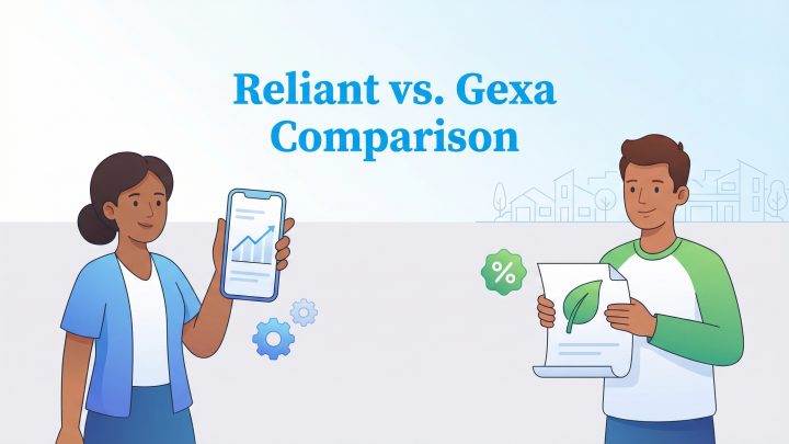 A woman with a phone and a man with a leaf document illustrating a Reliant vs. Gexa comparison.