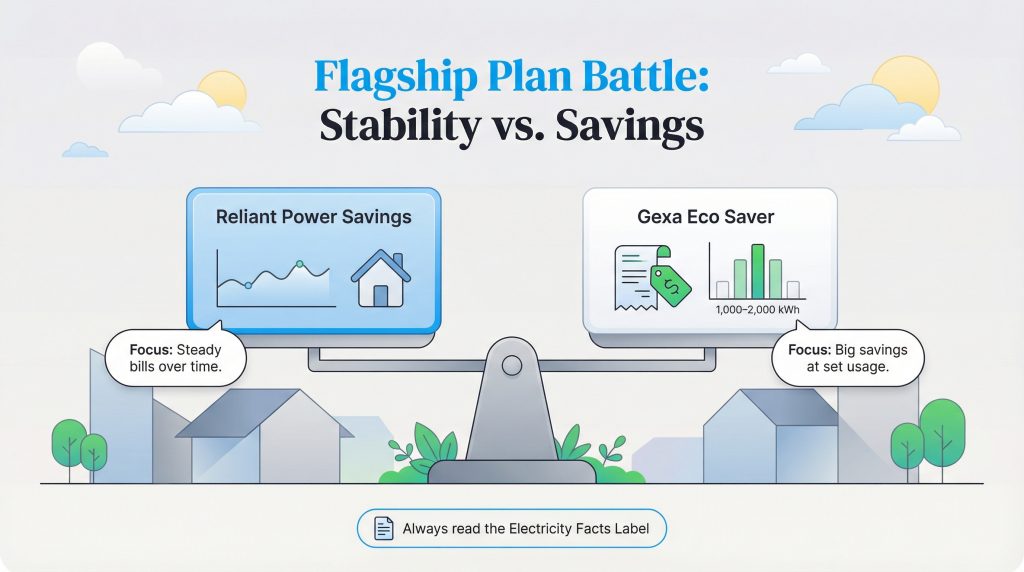 Infographic comparing Reliant Power Savings for steady bills versus Gexa Eco Saver for savings at a set usage level on a balance scale.