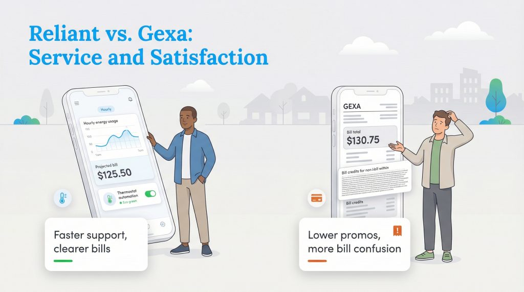 An illustration compares Reliant's clear app and support with Gexa's confusing bills.