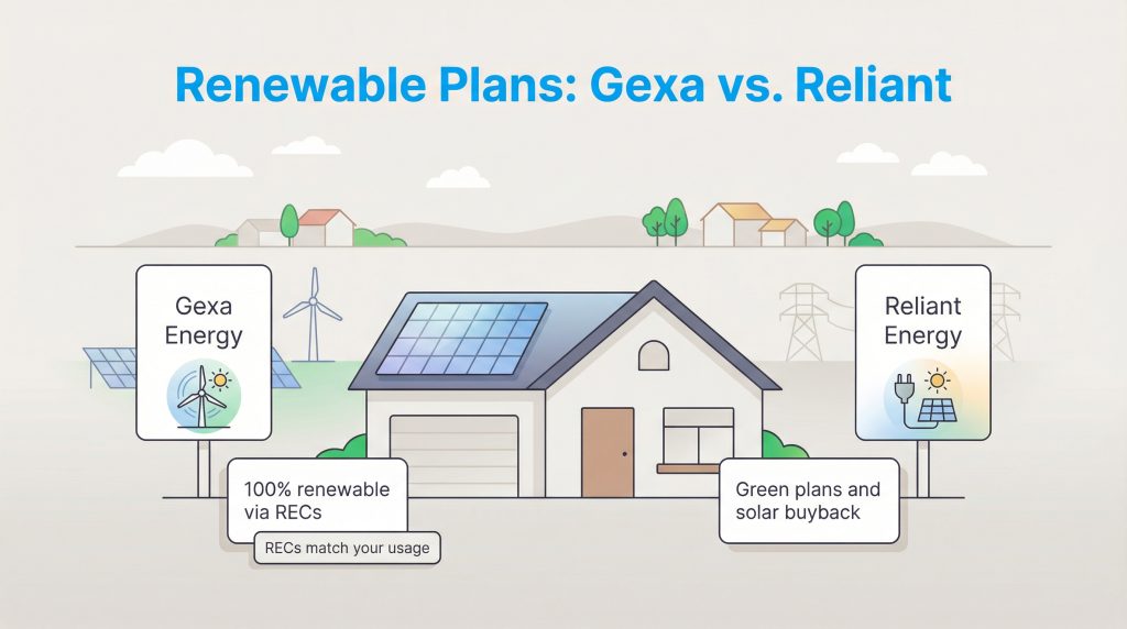 Diagram comparing Gexa Energy's 100% renewable plans via RECs and Reliant Energy's green plans and solar buyback options.
